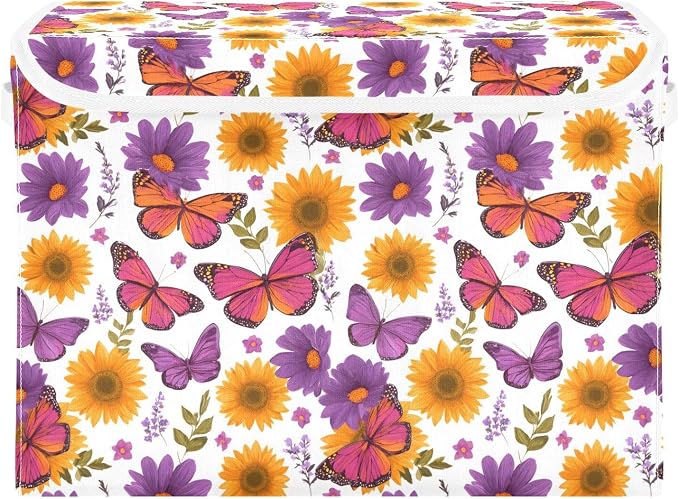 Butterfly Floral Storage Bins with Lids Closet Bedroom 40L Storage Basket | Decorative Storage Boxes, Foldable & Stackable, Dust-Proof Flip Top, Reinforced Handles, For Home & Dorm, Clothes & Toy Box