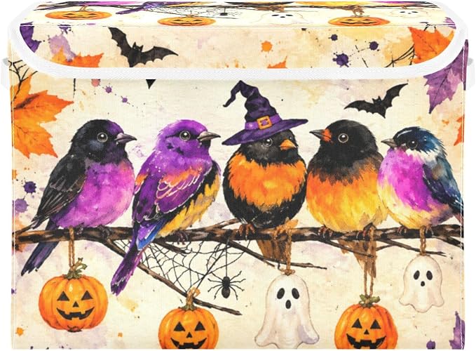 Fabric Storage Bins with Lid Halloween Bird Closet Storage Basket 40L | Decorative Storage Boxes, 300D Oxford Cloth, Hollow Board Frame, Flip Top Velcro Lid, 16.5x12.6x11.8 inch, Collapsible Design