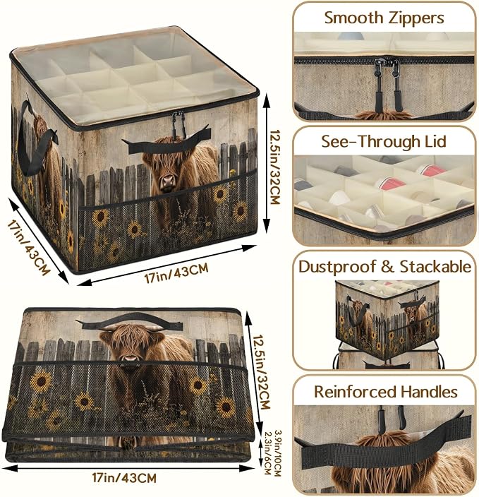 TropicalLife Brown Highland Cow Shoe Organizer for Closet | Farmhouse Country Foldable Shoe Storage Organizer Box Bin with Adjustable Dividers & Clear Cover, Fits up to 16-32 Pairs