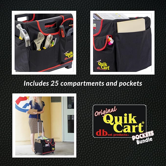 dbest Products Quik Cart Pockets Bundle Sport - 10 Pocket - Black & Red | Rolling Crate with Canvas Organizer Bag, 80 lbs Capacity, Telescoping Handle, Folding Utility Cart