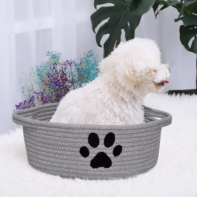 ABenkle Small Woven Basket with Handle, Cute Dog Paw Baskets for Gifts Empty, Decorative Rope Woven Storage Dog Toy Basket, Nursery Baskets for Baby Shower, 12" x 8" x 5"