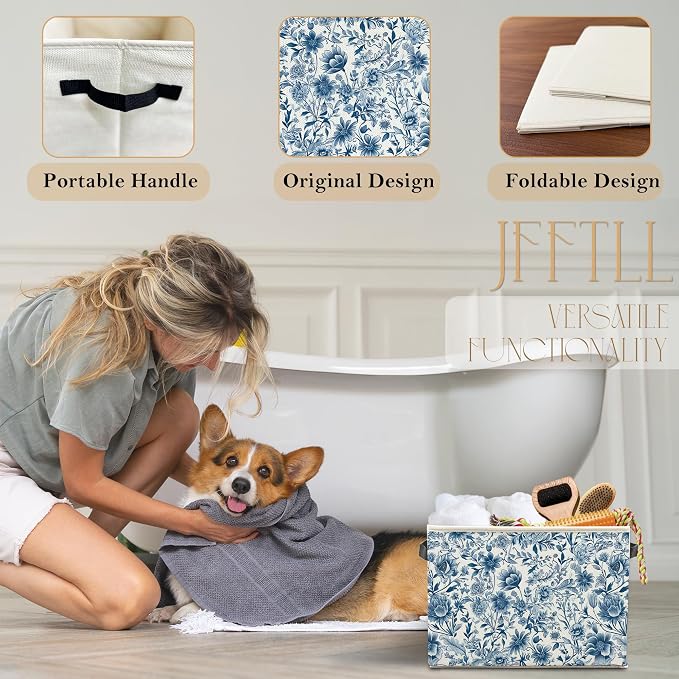 Chinoiserie Blue Floral Storage Bins with Handles, Retro Blue and White Wildflower Botanical Collapsible Laundry Basket Storage Box for Home Bedroom Bathroom Clothes Toys Books