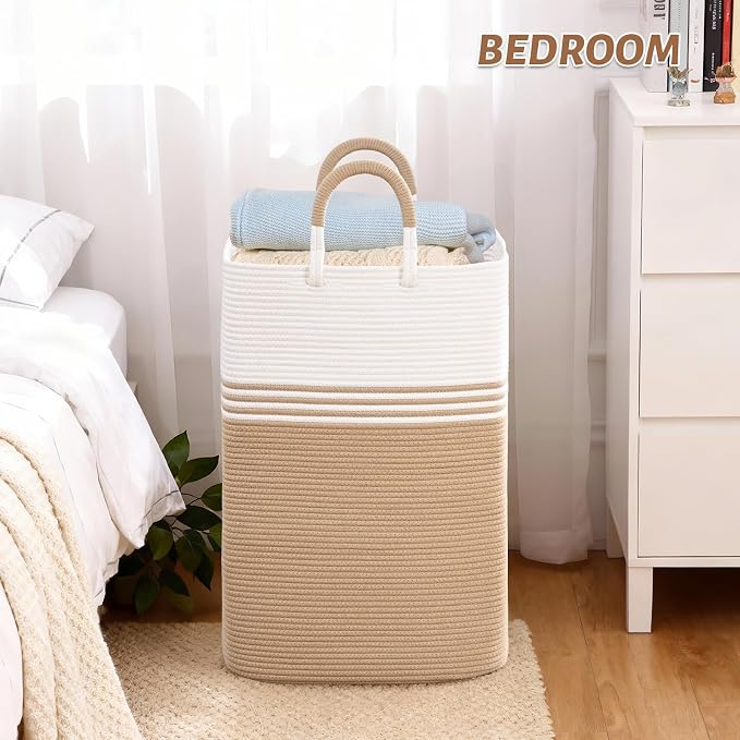 Laundry Basket Hamper,Blanket Storage,Dirty Clothes Hamper with Swivel Handles,Woven Cotton Rope Toy Baskets,Blanket Basket Living Room,Decorative Hampers for Nursery,Bedroom,White & Brown,60L