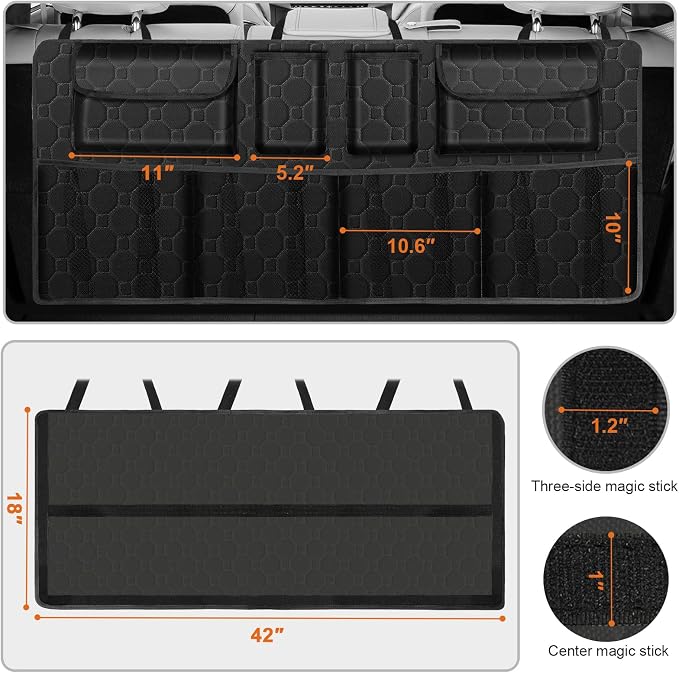 esouler Car Trunk Organizer, Super Capacity Backseat Car Organizer for SUV/Truck/MPV(42"*18"), Hanging Car Storage Organizer with 8 Pocekts, Car Accessories for Women and Men- Black
