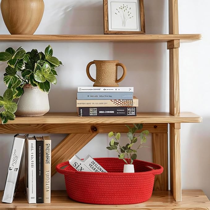 Small Red Woven Basket, 13"x 9"x 5" Gift Basket Empty Christmas Valentine' Day, Cotton Rope Kid Pet Toy Bin Box, Cute Baby Nursery Easter Organizer, Decorative Wicker Storage, Red Room Decor