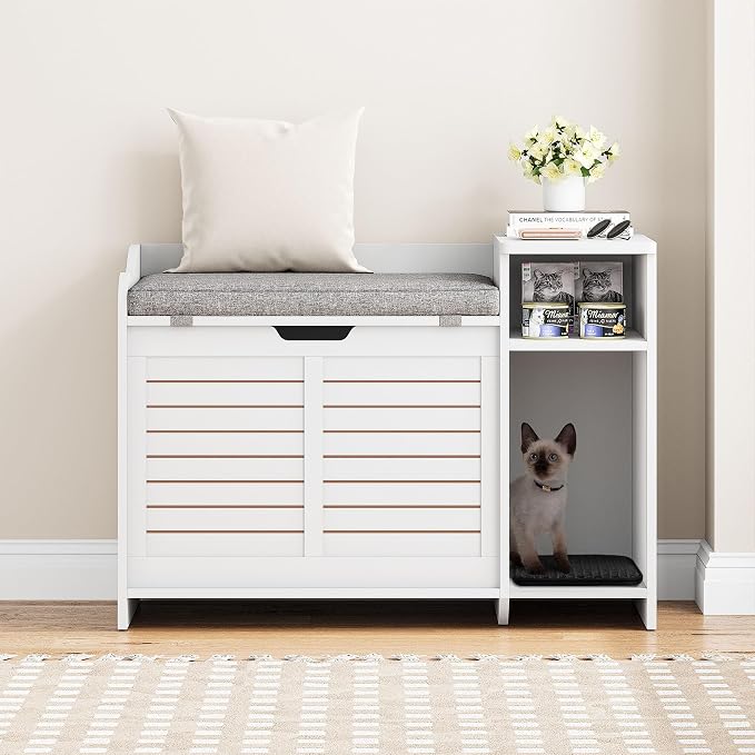 Cat Litter Box Enclosures Large Hidden Cat Litter Box Furniture Enclosure w/Top Opening Door, Wooden End Table Pet House w/Storage Shelf, Cushion & Mat, Dog Proof Design for Easy Cleaning