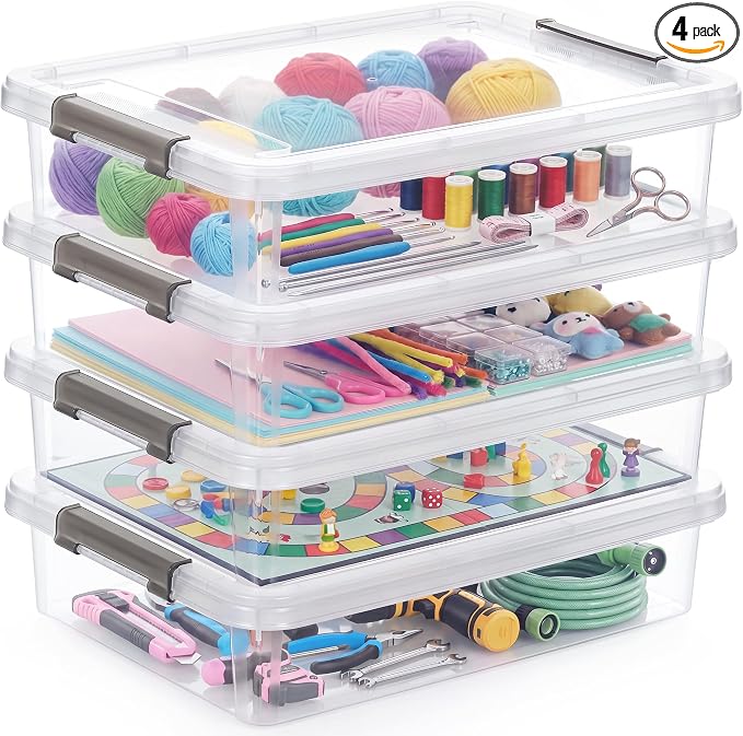 Citylife 6Qt 4Packs Clear Craft Organizers and Storage BOX, Sensory Bins | Stackable Board Game Storage Bins with Lids for Art Supplies, Paper, Puzzle, Tools, Home, Office, School Supplies
