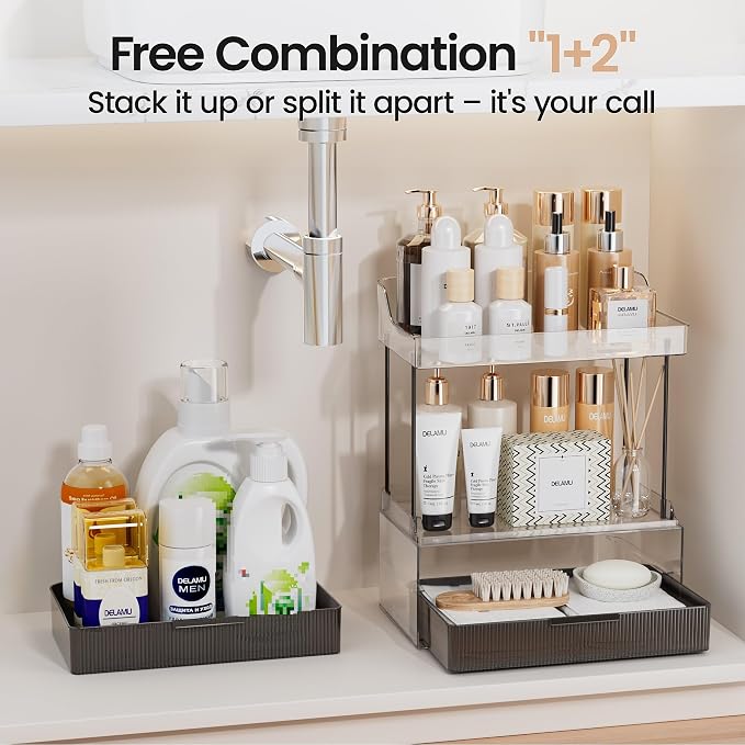 Delamu 4-Tier Makeup Organizer, Bathroom Counter Storage, 2 Drawers,Black | Elegant Vanity Organizer Gift for Women, Holds Perfume, Skincare, Nail Polish & Hair Accessories for Bathroom Countertop