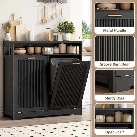 13 Gallon Double Tilt Out Trash Can Cabinet with Open Shelf & Storage - Pet Proof Hidden Recycling Cabinet & Wooden Laundry Hamper for Kitchen, Bathroom, Living Room, Black