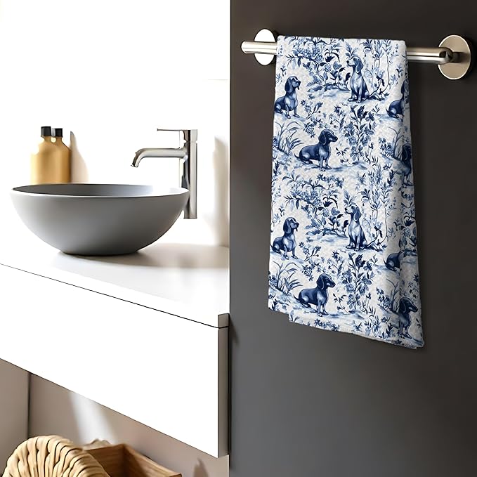Chinoiserie Dachshund Kitchen Towels, Dachshund Gifts Decorative Dish Tea Towels, Blue and White Floral Botanical Grandmillennial Weiner Dog Hand Towels for Kitchen Bathroom, 16x24 Inch