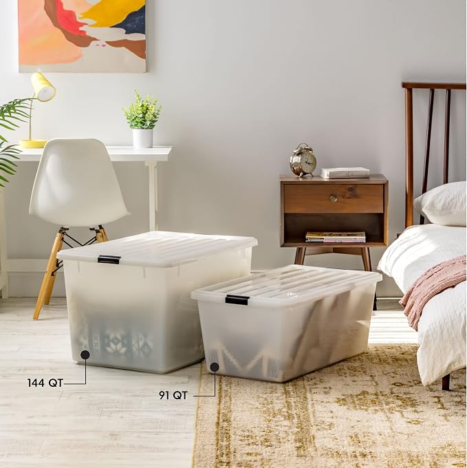 IRIS USA 3-Pack 144 Qt Stackable Storage Bins with Lids, Pearl | High-capacity opaque design is ideal for blankets, comforters and seasonal décor, Stackable and nestable