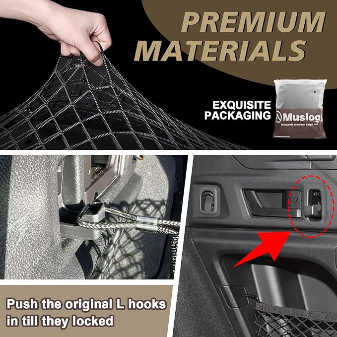 Muslogy Cargo Net for 2015-2025 2026 Outback Accessories | Custom Fit, Trunk Storage Organizer Net for SUV Sedan Van Divider, with Heavy Duty Carabiners, Night Visible Grab Handle