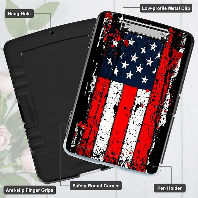 A4 Clipboard with Storage Pen Holder, Clipboards Organizer Nursing Clipboard Foldable File Folder Plastic Clipboard Folio Clip Board for Office Work Classroom Doctor, Vintage Black Flag