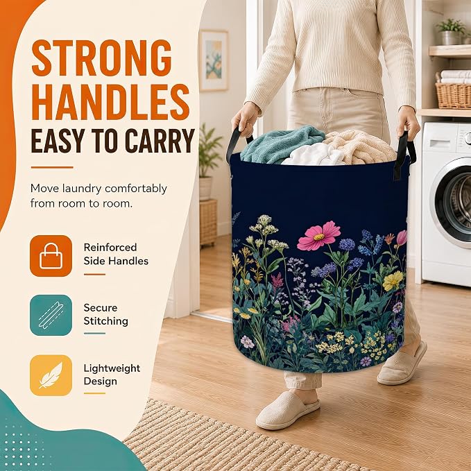 Wildflower Spring Floral Laundry Basket,Garden Flowers Foldable Oxford Laundry Hamper with Handles,Portable Clothes Tote Bag Clothes Storage Bucket Organizer For Bathroom/Laundry Storage/Bedroom