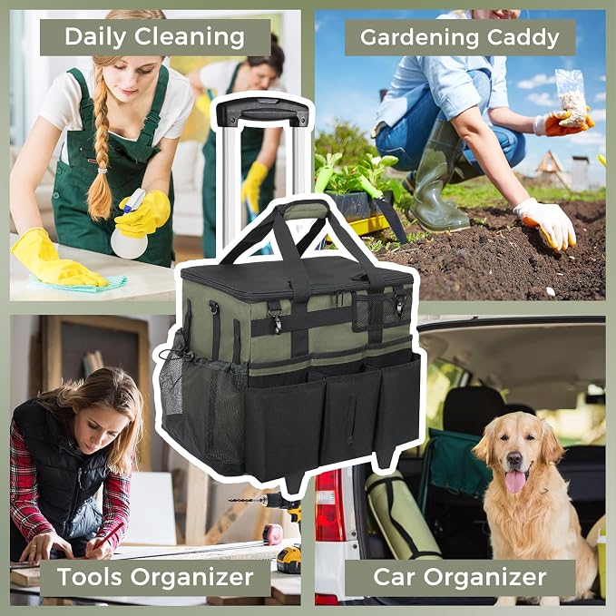Rolling Cleaning Caddy Bag with Detachable Trolley, Large Cleaning Supplies Organizer with Wheels, Multi-Pocket Cleaning Cart with Adjustable Shoulder Strap for Housekeepers & Home Use, Armygreen