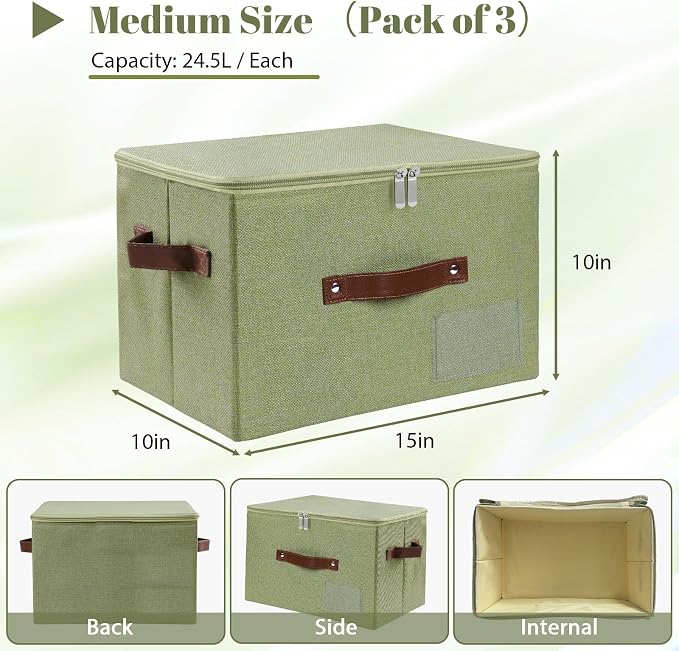 ANMINY Storage Box Fabric Bins with Zipper Lid, 15"x10"x10" Green 3PCS | Keepsake Box, Decorative, Cotton Linen, Reinforced PP Board Frame, Washable, Stackable & Foldable, Label Holder & PU Handles