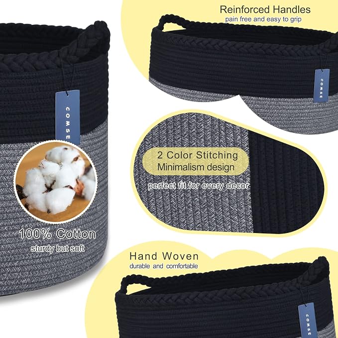COMSE XXXLarge Woven Blanket & Laundry Basket, 87L, Black & Gray | 21.7" x 13.8", Cotton Rope, Nursery Hamper for Storage of Toys Clothes Towels, Ideal for Living Room Bedroom Bathroom