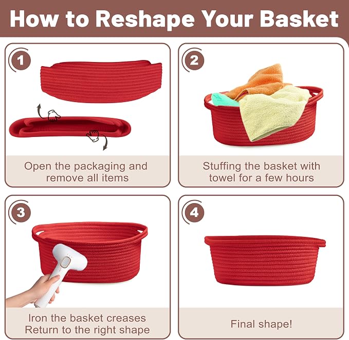 Bufims Small Woven Red Gifts Basket for Storage Empty with Ribbons and Bags Durable Cute Gifts 12"X 8" X 5" Small Rope Basket for Gifting