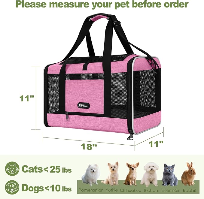 GAPZER Cat Carrier 18x11x11 Delta Airline Approved, Pet Plane Travel Crate | Soft Teacup Dog Bag 12 lbs, Yorkie Taxi Kennel Easy Load, Carrying Case for Kitten Cat up to 15 pound, Toy Poodle Mesh Cage