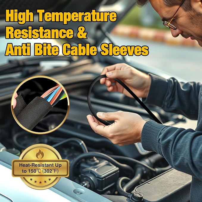 118 Inch Split Braided Sleeve Cable Management,Heat Resistant Automotive Wire Loom,Cord Protectors Electronic Cable Organizer (1/2"-10ft)