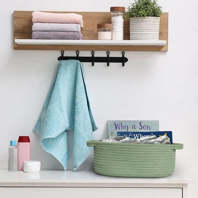 Green Woven Basket, 13" x 9" x 5" Baskets for Gifts Empty, Cute Cotton Rope Cat Dog Toy Bin Box, Small Woven Bin for Organizing, Green Room Decor, Nursery Baby Cloth Diaper Storage Organizer