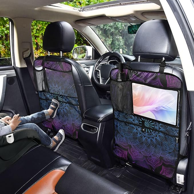 JIPONI Car Backseat Organizer, Boho Mandala Automotive Back Seat Protector, Kick Mats with Storage Pockets for Kids Pets, Road Trip Accessories