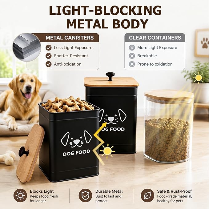 Dog Food Storage Container 25 Cups Airtight Metal Canister with Bamboo Lid | 5-7 lb Capacity, Pet-proof Lid Design, Durable Metal Body, Square Wide Opening, Pet Food Canister Dog Cookie Jar, Black