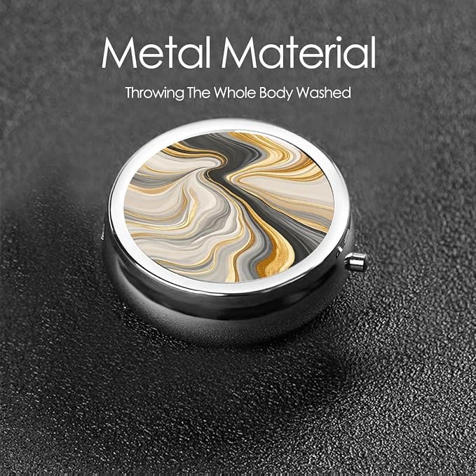 Vibrant Wave Golden Swirl Pattern Art Portable Pill Organizer | 3 Compartment, With Mirror, For Men Women, For Daily Supplements, Vitamins, Fish Oil, Jewelry, Candy, Travel