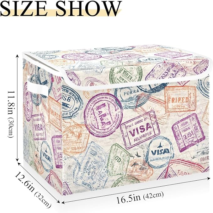 Passport Stamp Fabric Storage Bins with Lid Foldable Storage Boxes Baskets | Decorative Storage Boxes, Foldable & Stackable, Dust-Proof Flip Top, Reinforced Handles, For Home & Dorm, Clothes & Toy Box