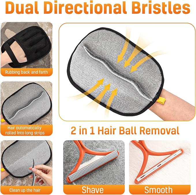 3pcs Pet Hair Removal Gloves for Dogs & Cats (2 Gloves + 1 Lint Scraper) | Electrostatic Magic Brush Clothes, Sofa, Carpets, Couch & Car Mats | Reuseable | Thickened | Newly Upgraded Model