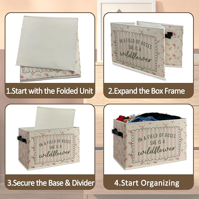 Wildflower Nursery Cube Storage Bins with Handles, in a Field of Roses She Is a Wildflower Girls Collapsible Fabric Storage Basket Boxes Books Clothes Organizer for Girls Bedroom Bathroom