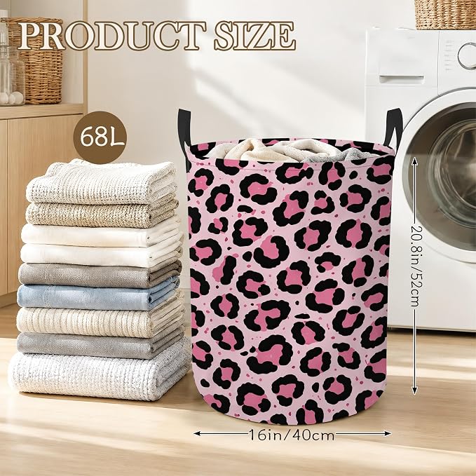 Pink Leopard Laundry Basket Oxford Cloth Laundry Hamper With Handle Foldable Portable Clothes Storage Basket Storage Bag For Laundry Room/Bathroom/Bedroom/Dormitory 20.8"x16"