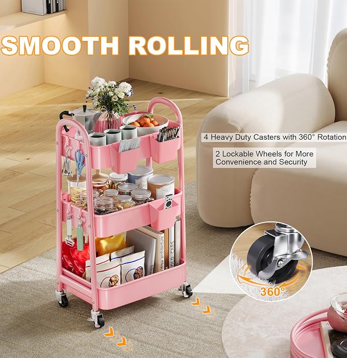 3 Tier Rolling Storage Cart Metal with Wheels, Pink Three Tiered Craft Cart Organizer on Wheels, Utility Carts for Baby Nursery, Diaper Caddy, Art, Book, Snack, Nail, Makeup, Bathroom Supplies, Mesh