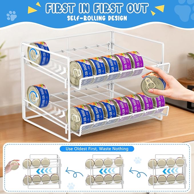 Cat Food Can Organizer 2-Tier Can Organizer for Pantry 56 Cans 3.5oz | White metal 2-tier cat food can organizer,Holds 56 cans 3.5oz,Adjustable pantry countertop storage for kitchen counter
