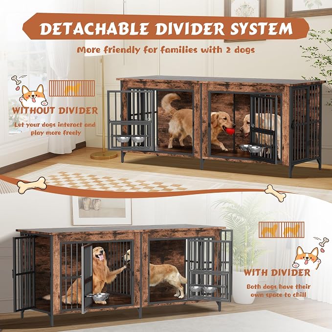 79'' Double Dog Crate Furniture for 2 Dogs, Wooden Dog Kennel with Removable Divider, XXL Dog House Indoor with Rotating Bowl Holders, Heavy Duty Dog Crate TV Stand (78.7"L x 27.6"W x 33.5"H)