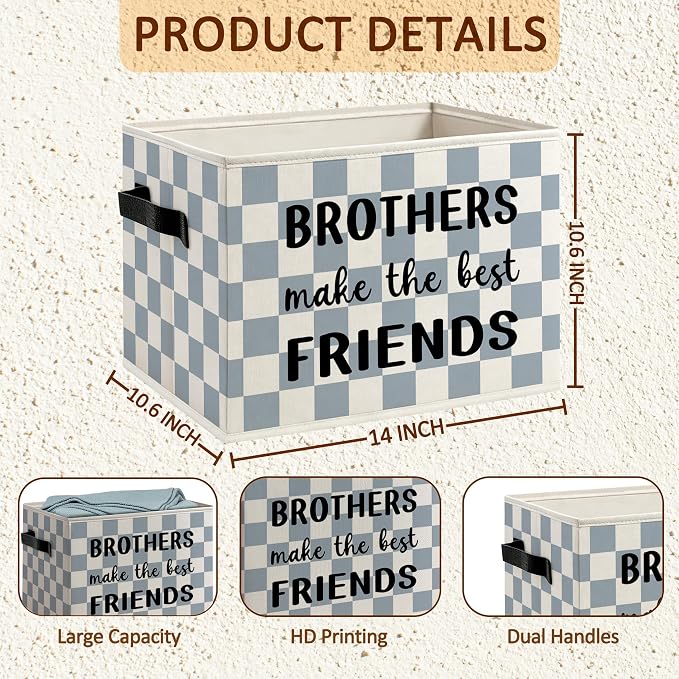 Brothers Make The Best Friends Boys Foldable Storage Bins Box with Handles, Blue and White Checkered Decorative Storage Boxes Baskets Organizer for Kids Boys Room Bedroom Playroom Bathroom