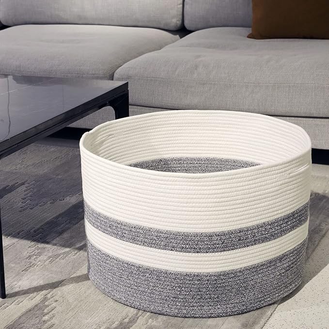Casaphoria XXXLarge Cotton Rope Basket for Living Room - Woven Storage Basket with Handle for Blankets, Towels and Pillows Laundry Hamper | White and Grey (22" x 22" x 14")