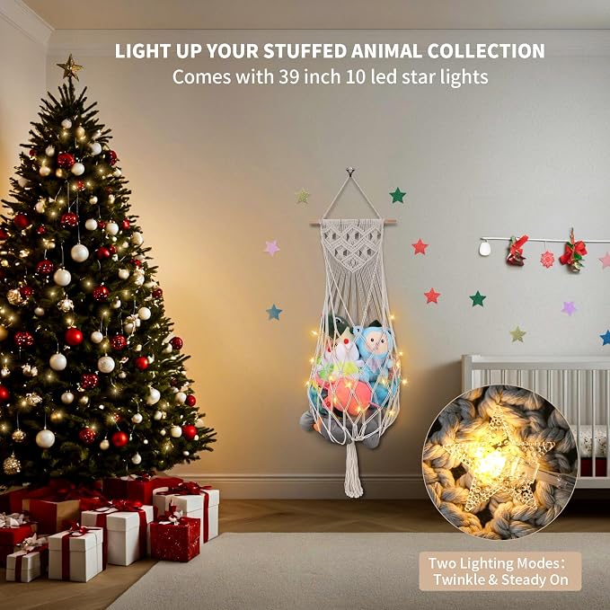 63 Inch Stuffed Animal Storage Hammock Corner, Stuffy Plushie Net,Cream | Wall Ceiling Over Door Hanging Toy Hammock for Stuffed Animals,Plushies Organizer w/ Star Lights,Nursery Kid Room Decor Gift