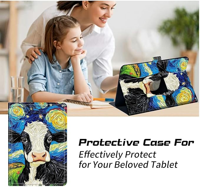 Universal Case for T-Mobile Revvl Tab 2 10.1" Model:9185W 2025/Revvl Tab 5G 10.36" 2023, 360 Degree Rotating Kickstand Protective Stand Leather Shell Cover for 9"-10.5", Black and White Cow