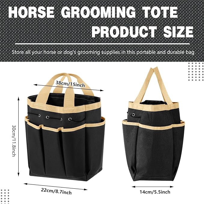 Abbylike Grooming Tote,Vintage,15 x 12 x 5.5 Inch,Khaki and Black | Tote Bag for Horses and Dogs, Organize Tack Tools Equestrian Grooming Kit, Care Portable with Multiple Pockets for Supplies