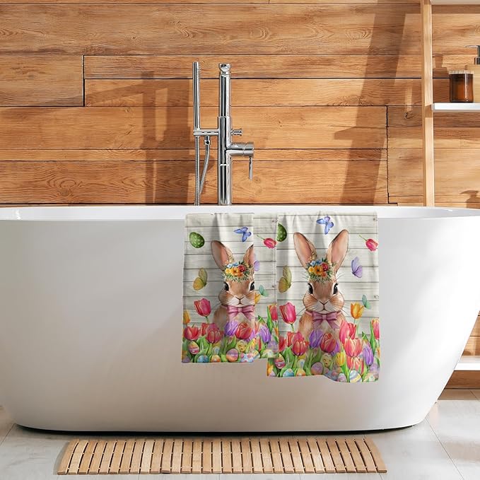 Giwawa Easter Bunny Hand Towels Tulip Floral Eggs Face Tea Towels Set of 2 Absorbent Microfiber Soft Dish Washing Cloth for Kitchen Bathroom Decor