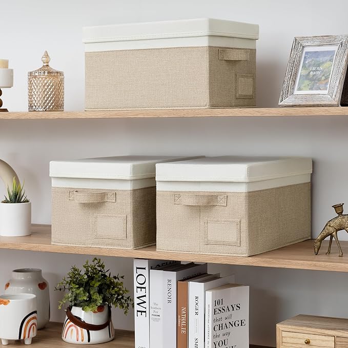 GRANNY SAYS Storage Bins with Lids, Decorative Storage Boxes with Lids | Storage Box with Dust Cover, Handles & Lable, Collapsible, Ideal for Closet Clothes Blanket Toys, Medium, White&khaki, 3-Pack