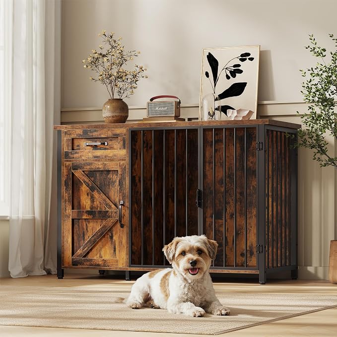 Spacesea 30" Dog Crate Furniture with Storage Drawers and Cabinet, Wooden Farmhouse Dog Kennel Indoor with 900 lbs Capacity Steel Frame, Built-in Power Outlets