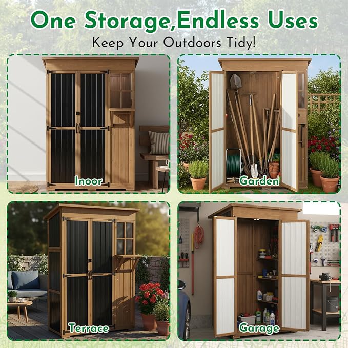 Ketive Outdoor Storage Cabinet, Large Wood & Metal Garden Shed with Foldable Table, Weather-Resistant Asphalt Roof, Lockable Doors & Adjustable Feet for Patio, Backyard, or Garage (47"L x 20"W x 70"H)
