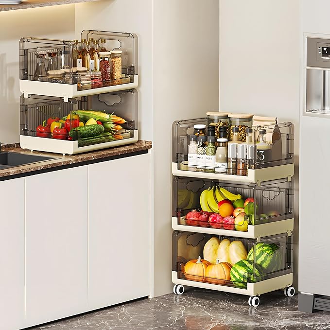 VECELO 3-Tier Fruit and Vegetable Basket, Stackable Kitchen Storage Organization with Wheels, Plastic Rolling Cart with Handles, Wide Open for Kitchen, Pantry, Living Room