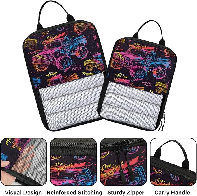 Monster Truck Compression Packing Cubes Cartoon Cars 6 Set Travel Packing Cubes for Suitcases Lightweight Expandable Organizers
