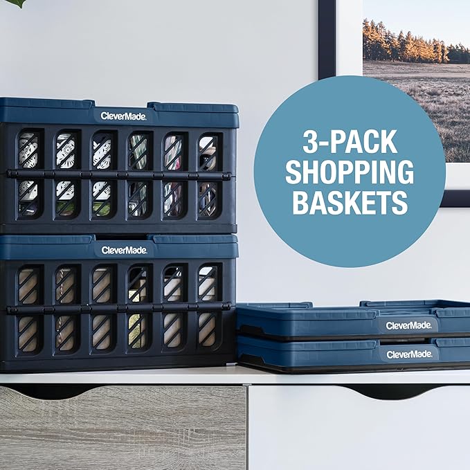 CleverMade Eco Collapsible Shopping Basket with Handles, 24L Ocean, 3 Pack | Keep Groceries Upright in the Car | Rigid Walls Carry 25 lb Each, Stack Securely, and Fold to 2.25 Inches for Storage