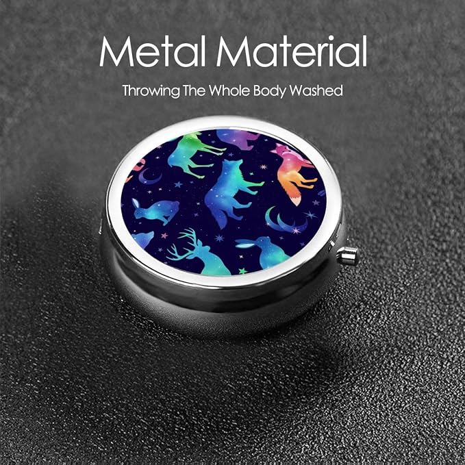 Travel Pill Dispenser, Round Small Organizer, Metal Case for Medicine, Pocket Purse Container for Camping Trips, Space Galaxy Deer Bear Moose Fox Wolf Wild Animals
