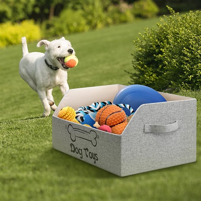 2X Thicker Large Dog Toy Basket, Collapsible Pet Dog Toys Storage Bin Box | Fabric Trapezoid Dog Toy Organizer With Handle for Small Medium Dog for Pet Toys, Blankets and Accessories