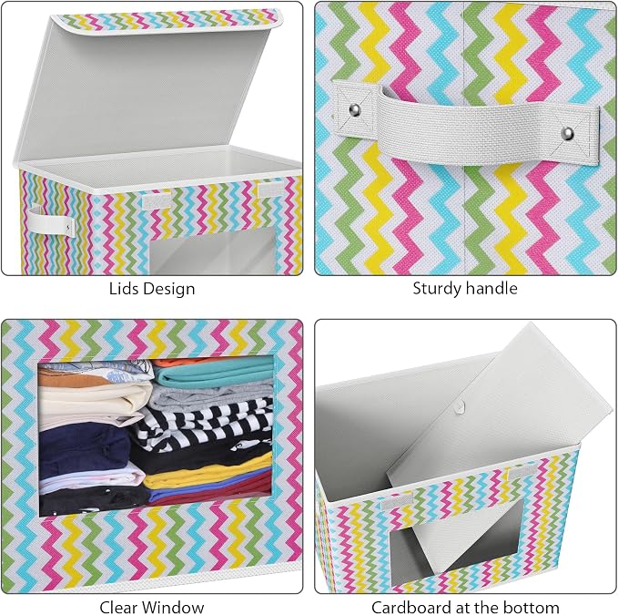 Univivi Fabric Foldable Storage Boxes with Lids, 4 Pack, Colorful | 17 x 12 x 12 In Large Stackable Storage Bins with Lids, Closet Organizers and Storage Cube Basket for Home, Office, Bedroom